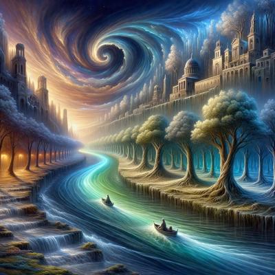 The primary subject of the image is a boat floating on a river, surrounded by a beautiful landscape. The setting includes a river flowing through a valley, with a city visible in the background. The visual style of the image is a digital art or illustration, creating a vibrant and lively atmosphere. The dominant colors in the scene are green, blue, and orange, which contribute to the overall mood of the image.